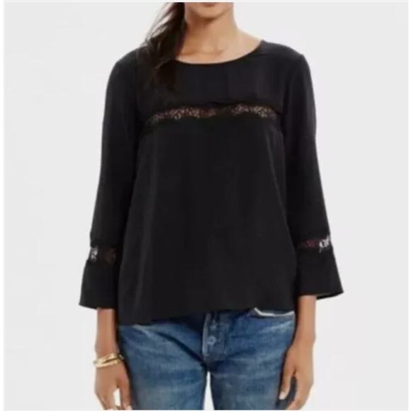 Madewell Black Silk Lace Inset Top 100% Silk Black Minimalist Whimsy Goth Office - Picture 1 of 7
